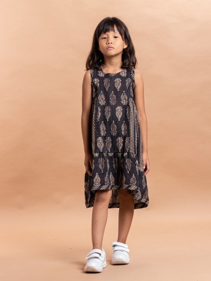 Kids Sangria Dresses | Buy Sangria Girls Black & Beige Ethnic Motifs Printed Pure Cotton A Line Dress - Apparel For Girls