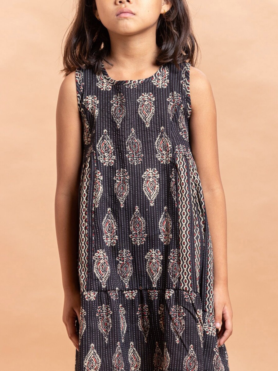 Kids Sangria Dresses | Buy Sangria Girls Black & Beige Ethnic Motifs Printed Pure Cotton A Line Dress - Apparel For Girls