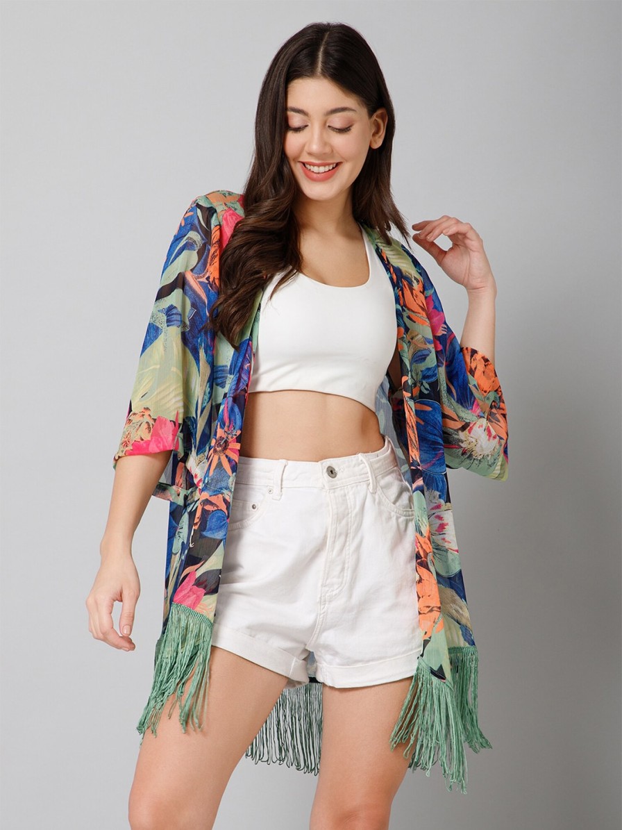 Women PURYS Shrugs | Buy Purys Tropical Printed Tasselled Longline Shrug - Apparel For Women