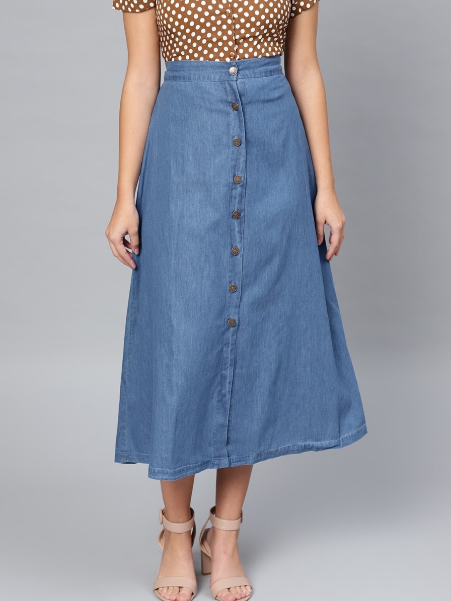 Women SASSAFRAS Shorts & Skirts | Buy Sassafras Blue Denim Midi A Line Pure Cotton Skirt - Apparel For Women