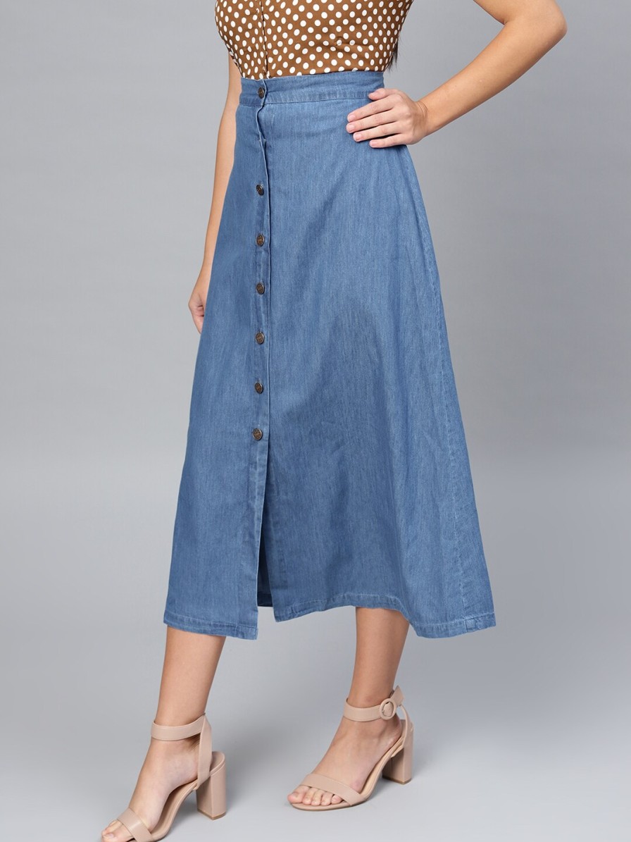 Women SASSAFRAS Shorts & Skirts | Buy Sassafras Blue Denim Midi A Line Pure Cotton Skirt - Apparel For Women