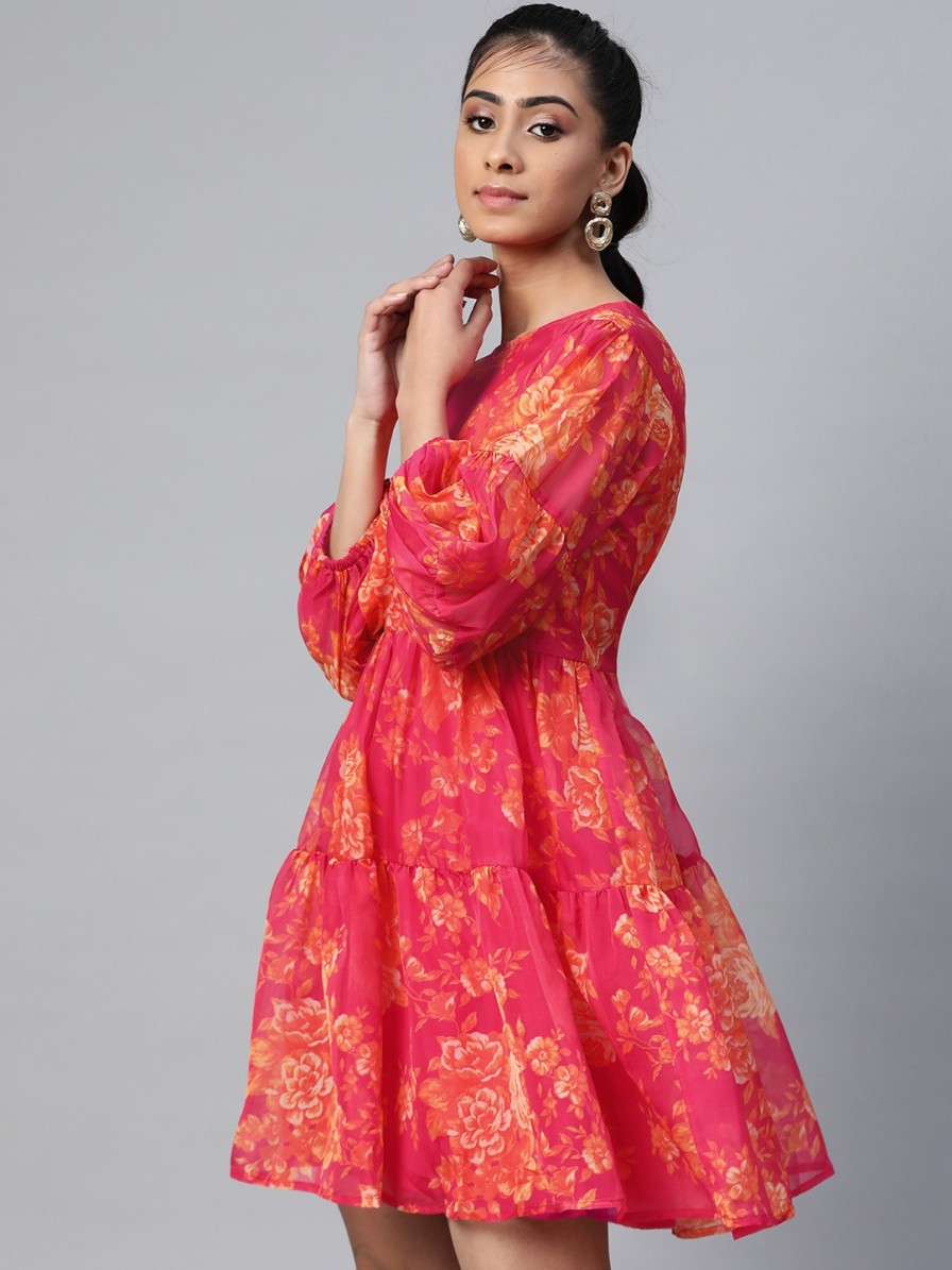 Women SASSAFRAS Dresses | Buy Sassafras Pink & Orange Floral Printed Tiered A Line Dress With Puff Sleeves - Apparel For Women