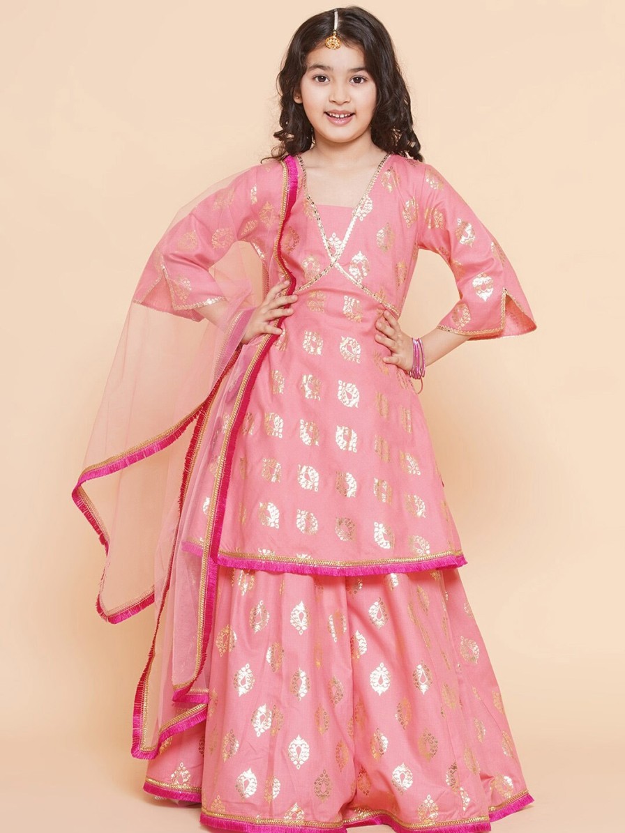 Kids Bitiya by Bhama Lehenga Choli | Buy Bitiya By Bhama Girls Foil Printed V Neck Lehenga & Blouse With Dupatta - Apparel For Girls