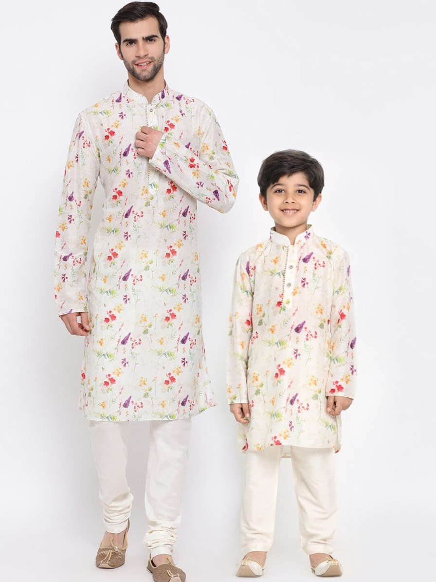 Kids VASTRAMAY Ethnic Wear | Buy Vastramay Boys Cream Coloured Floral Printed Regular Kurta With Churidar - Apparel For Boys