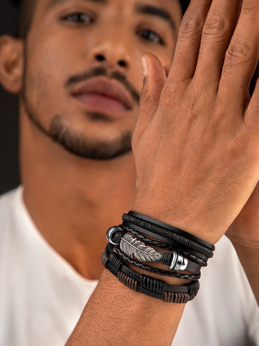 Men Roadster Rings & Wristwear | Buy The Roadster Lifestyle Co Men Set Of 3 Black & Brown Multistrand Bracelets - Accessories For Men