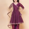 Kids Bitiya by Bhama Kurta Sets | Buy Bitiya By Bhama Girls Burgundy Ethnic Motifs Angrakha Gotta Patti Kurta With Trousers & With Dupatta - Apparel For Girls