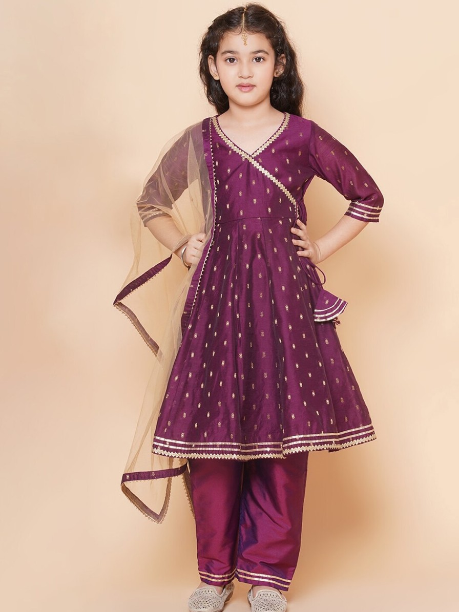 Kids Bitiya by Bhama Kurta Sets | Buy Bitiya By Bhama Girls Burgundy Ethnic Motifs Angrakha Gotta Patti Kurta With Trousers & With Dupatta - Apparel For Girls