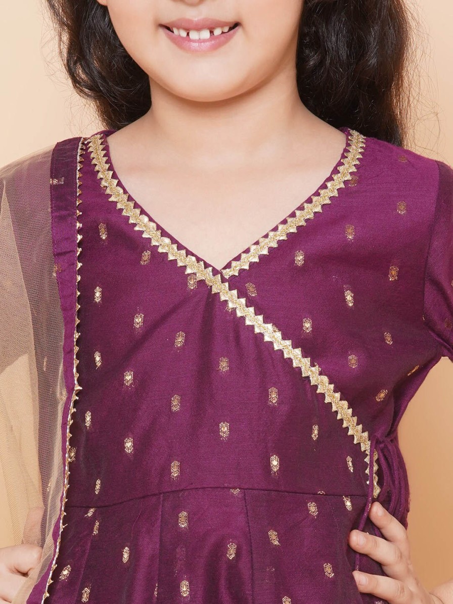 Kids Bitiya by Bhama Kurta Sets | Buy Bitiya By Bhama Girls Burgundy Ethnic Motifs Angrakha Gotta Patti Kurta With Trousers & With Dupatta - Apparel For Girls