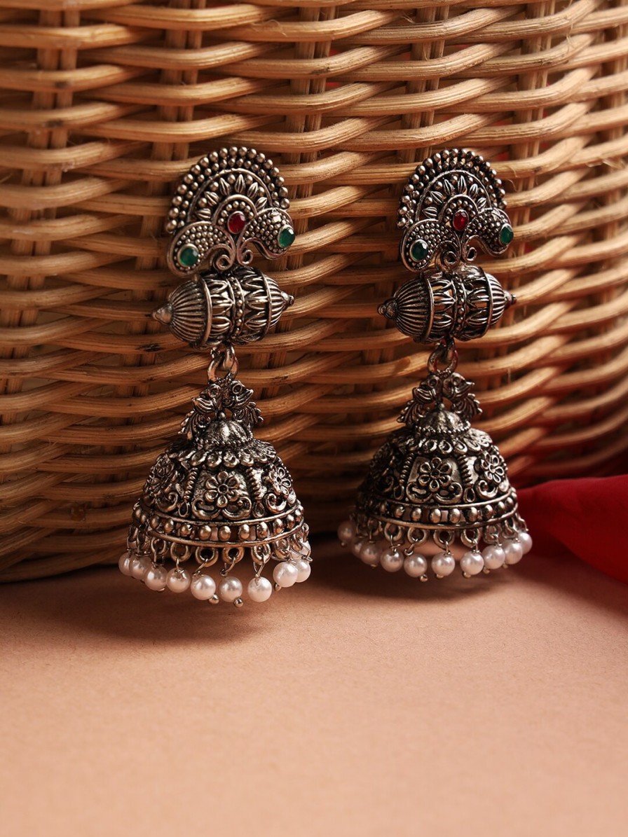 Women Sangria Earrings | Buy Sangria Red & Green Silver Plated Stone Studded & Beaded Jhumka - Accessories For Women