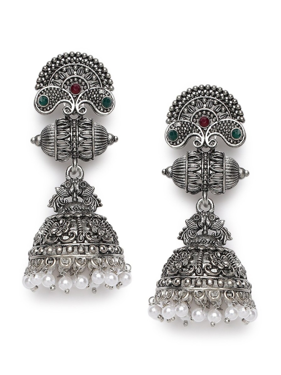 Women Sangria Earrings | Buy Sangria Red & Green Silver Plated Stone Studded & Beaded Jhumka - Accessories For Women