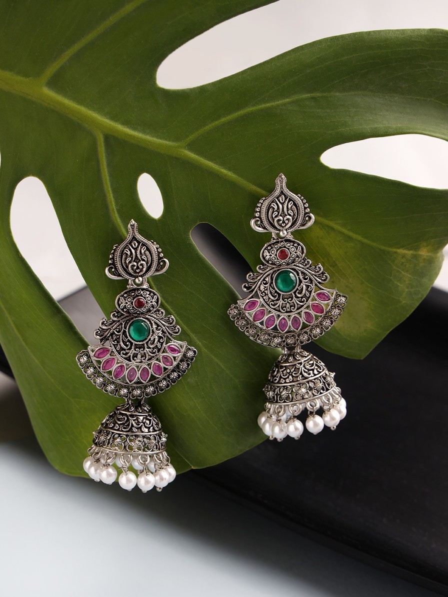 Women Sangria Earrings | Buy Sangria Pink & Green Silver Plated Stone Studded & Beaded Jhumkas - Accessories For Women