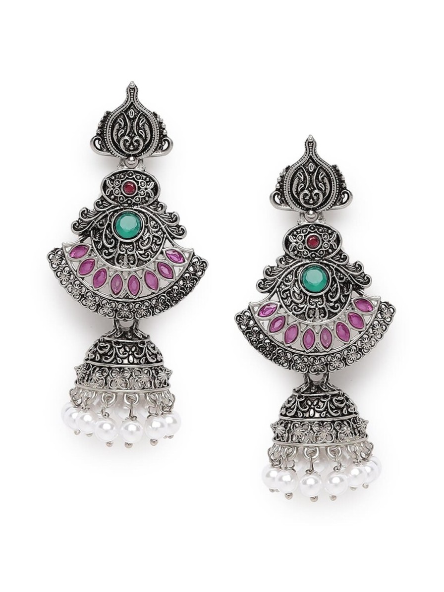 Women Sangria Earrings | Buy Sangria Pink & Green Silver Plated Stone Studded & Beaded Jhumkas - Accessories For Women