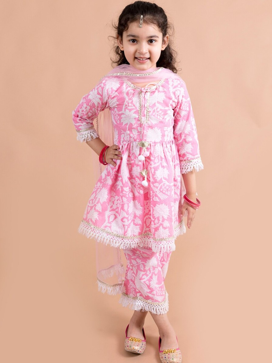 Kids pspeaches Kurta Sets | Buy Pspeaches Girls Pink Printed Gotta Patti Pure Cotton Kurta With Palazzos & With Dupatta - Apparel For Girls