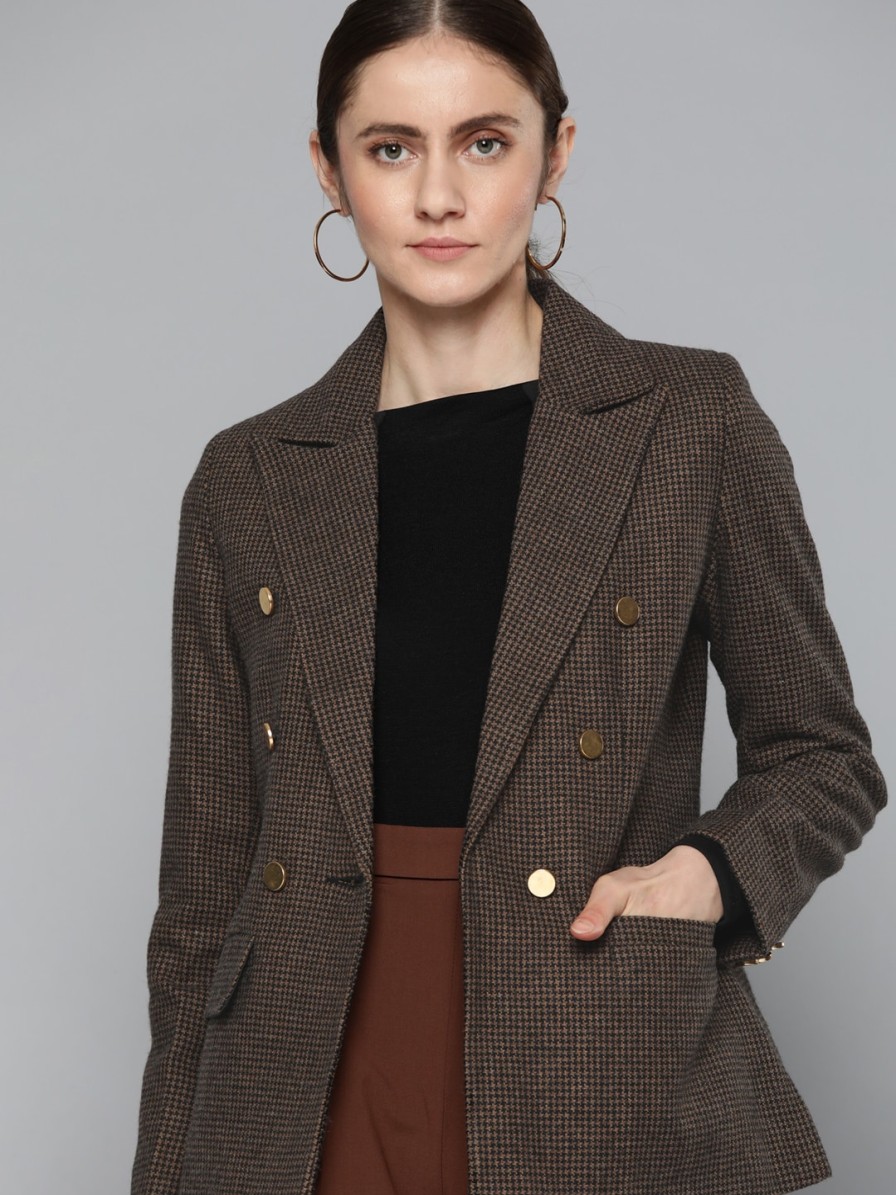 Women Chemistry Blazers & Waistcoats | Buy Chemistry Women Brown & Black Checked Double Breasted Blazer - Apparel For Women