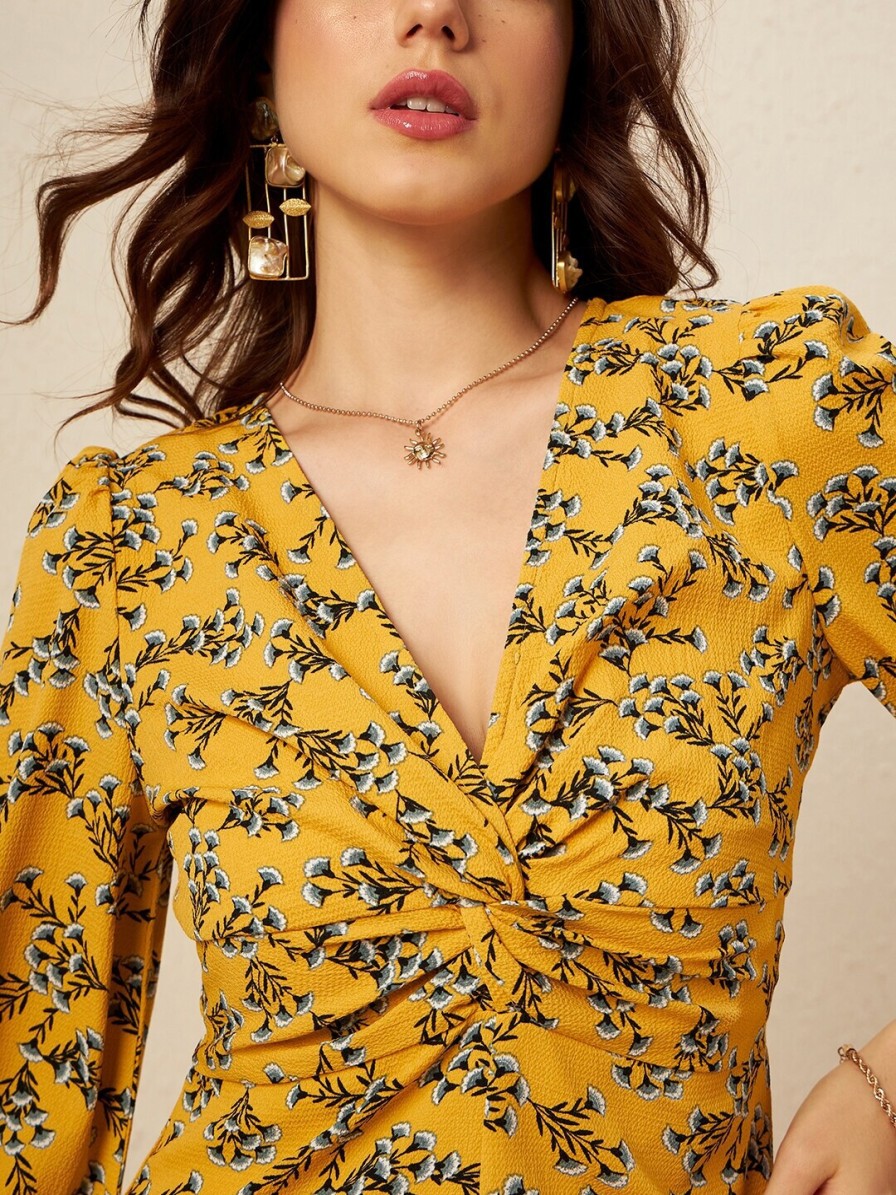 Women KASSUALLY Playsuits | Buy Kassually Mustard Yellow & White V Neck Printed Playsuit - Apparel For Women