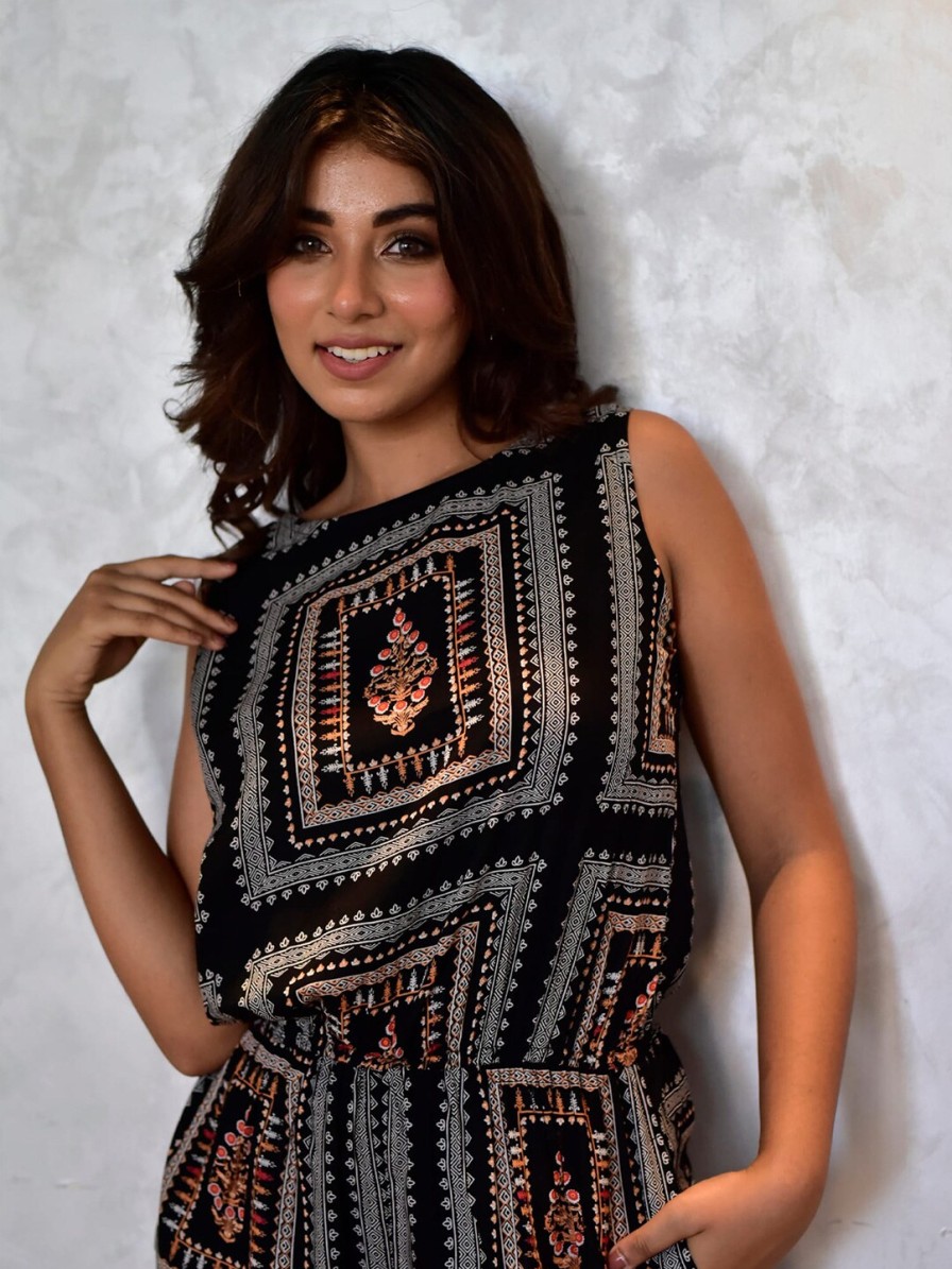 Women Aaheli Playsuits | Buy Aaheli Black & Silver Toned Printed Jumpsuit - Apparel For Women