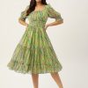 Women Antheaa Dresses | Buy Antheaa Green & Pink Chiffon Geometric Print Tiered Dress - Apparel For Women