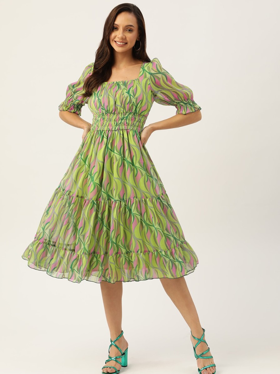 Women Antheaa Dresses | Buy Antheaa Green & Pink Chiffon Geometric Print Tiered Dress - Apparel For Women