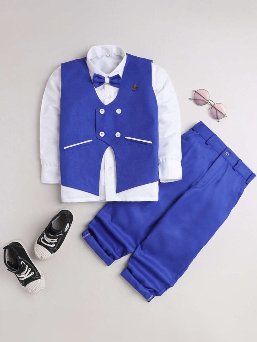 Kids DKGF FASHION Party Wear | Buy Dkgf Fashion Boys Navy Blue & White Solid 3 Piece Cotton Blend Suit - Apparel For Boys