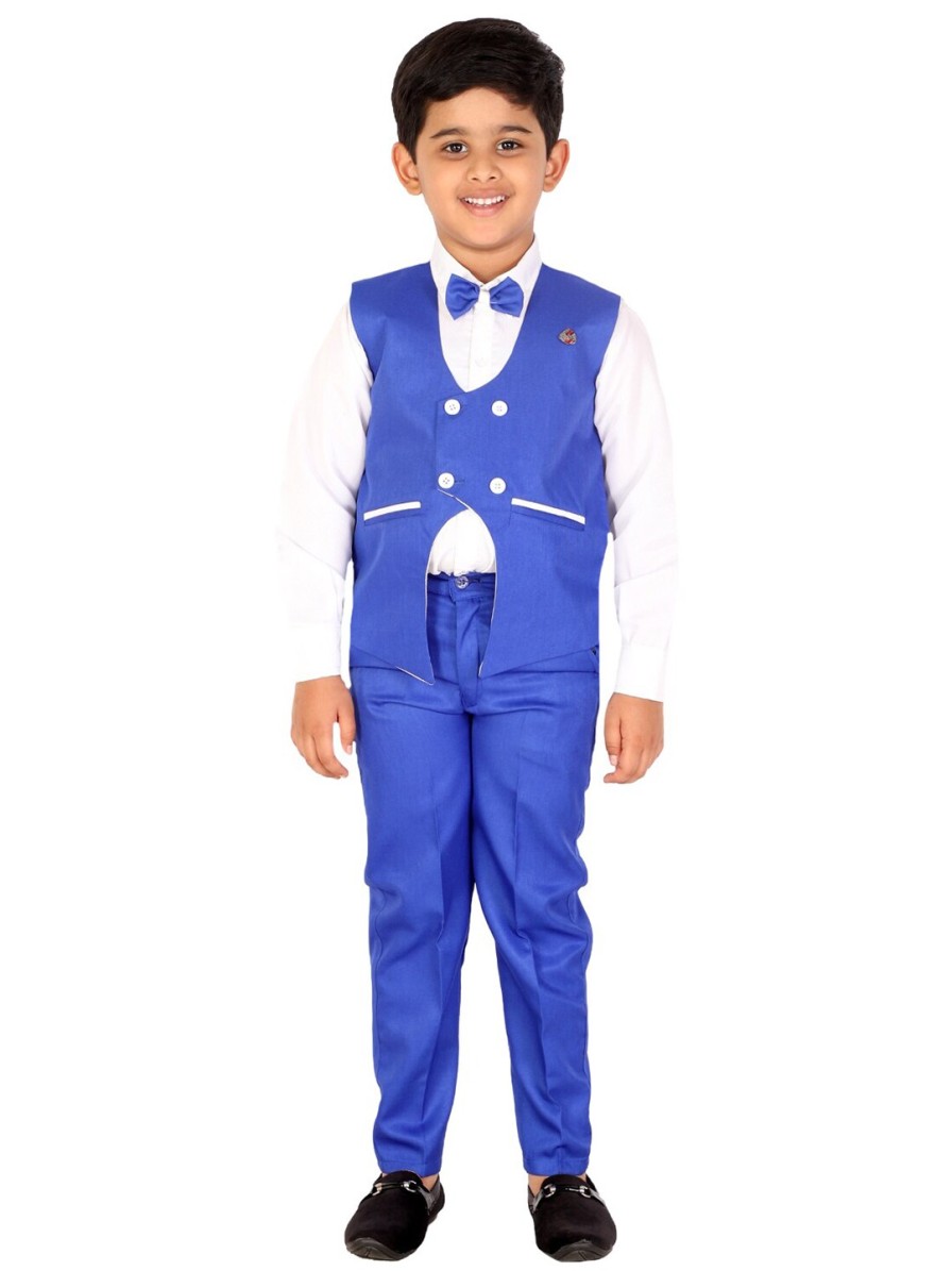 Kids DKGF FASHION Party Wear | Buy Dkgf Fashion Boys Navy Blue & White Solid 3 Piece Cotton Blend Suit - Apparel For Boys