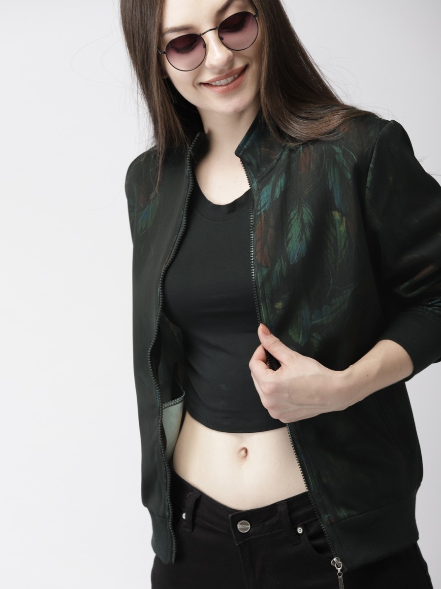 Women Mast & Harbour Jackets | Buy Mast & Harbour Women Black & Green Printed Bomber - Apparel For Women