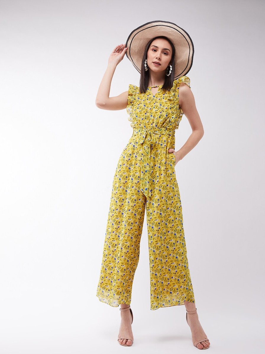 Women Miss Chase Jumpsuits | Buy Miss Chase Yellow & Blue Floral Print Basic Jumpsuit With Ruffles - Apparel For Women