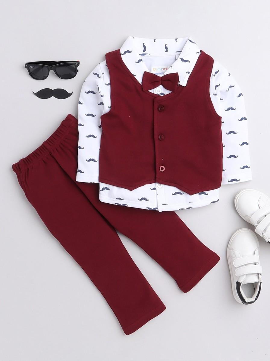 Kids BUMZEE Party Wear | Buy Bumzee Boys Maroon & White Printed Shirt With Trousers - Apparel For Boys