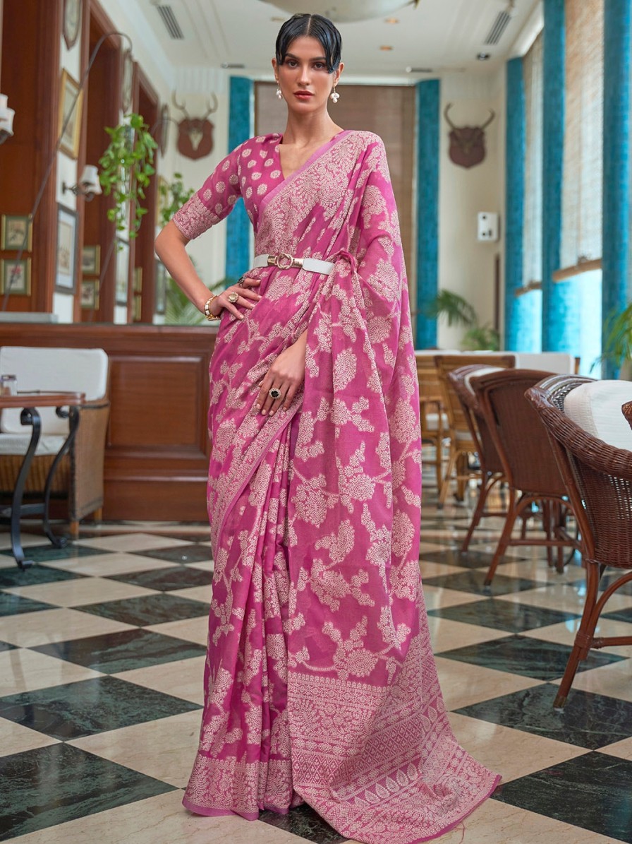 Women Mitera Sarees | Buy Mitera Pink & White Woven Design Linen Blend Muga Saree - Apparel For Women