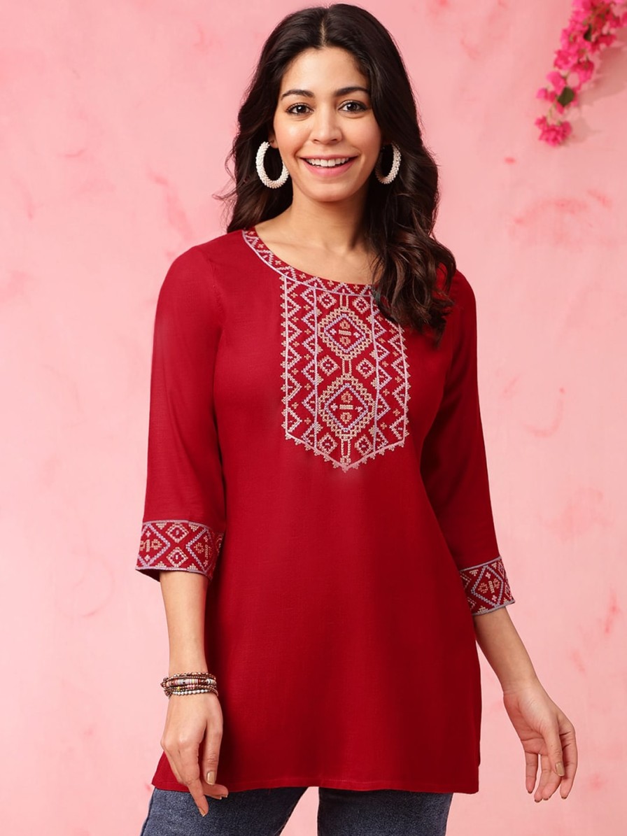 Women Anouk Kurtis, Tunics & Tops | Buy Anouk Red Embroidered Yoke Design Straight Kurti - Apparel For Women