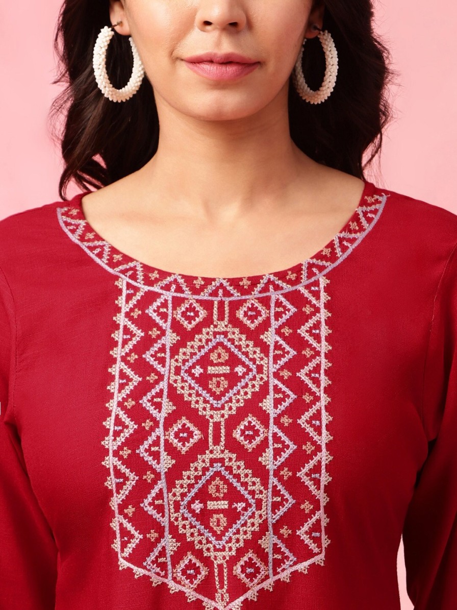 Women Anouk Kurtis, Tunics & Tops | Buy Anouk Red Embroidered Yoke Design Straight Kurti - Apparel For Women