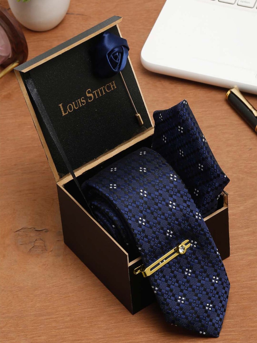 Men LOUIS STITCH Ties, Cufflinks & Pocket Squares | Buy Louis Stitch Men Denim Blue Italian Silk Necktie Accessory Gift Set - Accessories For Men