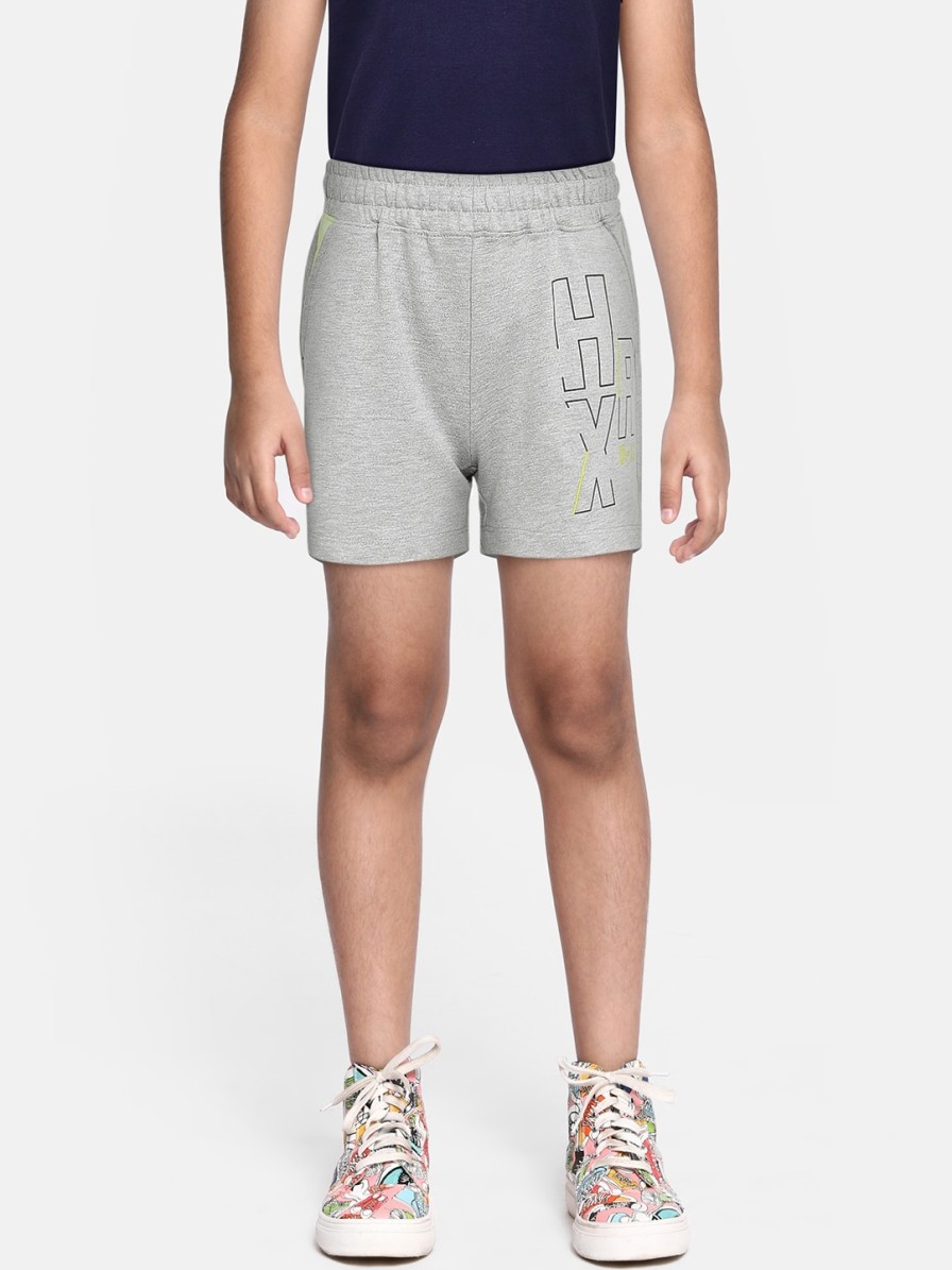 Kids HRX by Hrithik Roshan Hrx | Buy Hrx By Hrithik Roshan Boys Grey Melange Typography Printed Lifestyle Cotton Shorts - Apparel For Boys