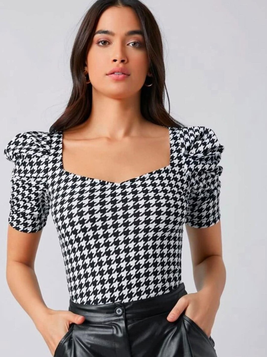 Women Dream Beauty Fashion Tops | Buy Dream Beauty Fashion Women Black Geometric Print Puff Sleeves Top - Apparel For Women