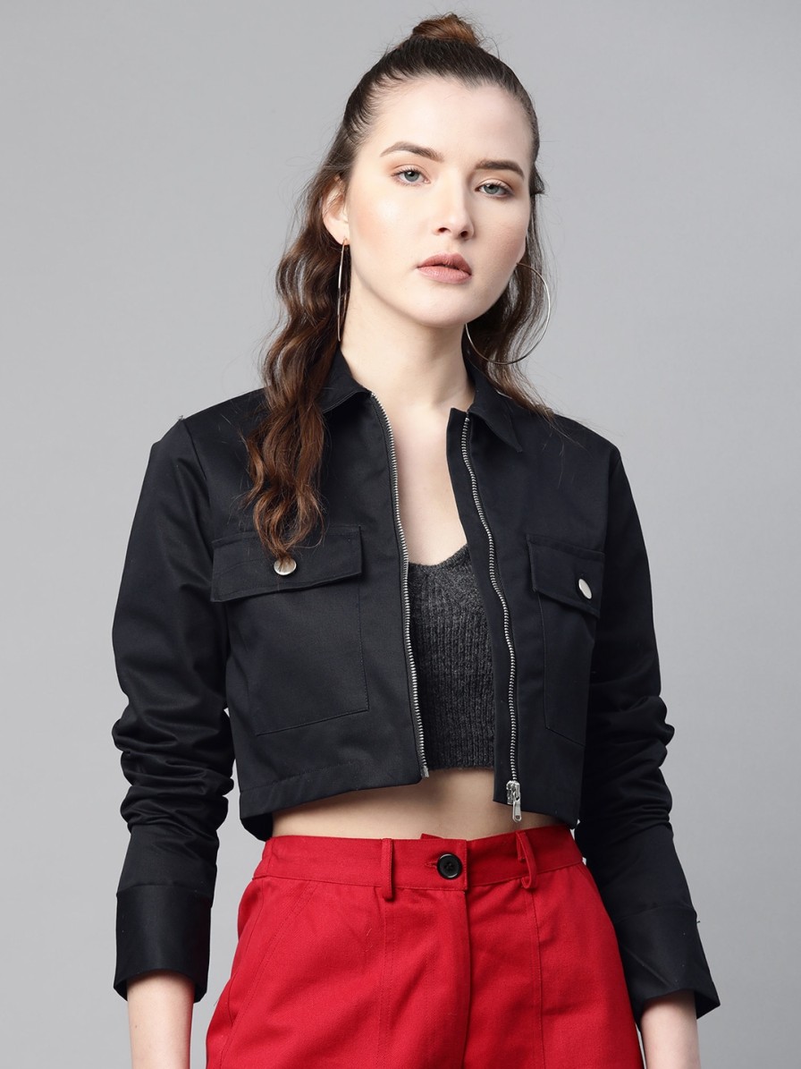 Women Popnetic Jackets | Buy Popnetic Women Black Solid Pure Cotton Crop Jacket - Apparel For Women