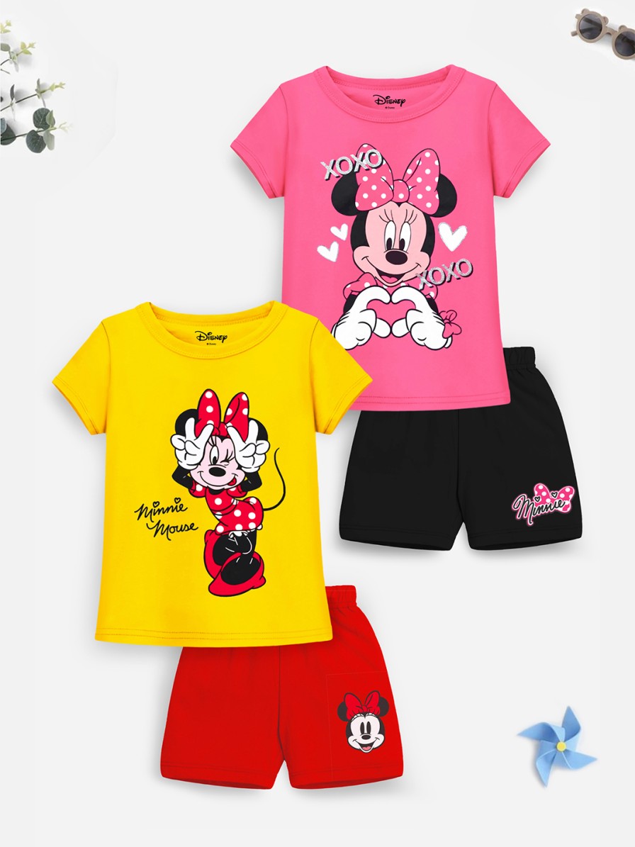 Kids YK Disney Yk | Buy Yk Disney Girls Pack Of 2 Pink & Yellow Minnie Mouse Printed T Shirt With Shorts - Apparel For Girls