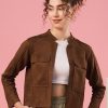 Women Globus Jackets | Buy Globus Brown Mandarin Collar Crop Tailored Jacket - Apparel For Women