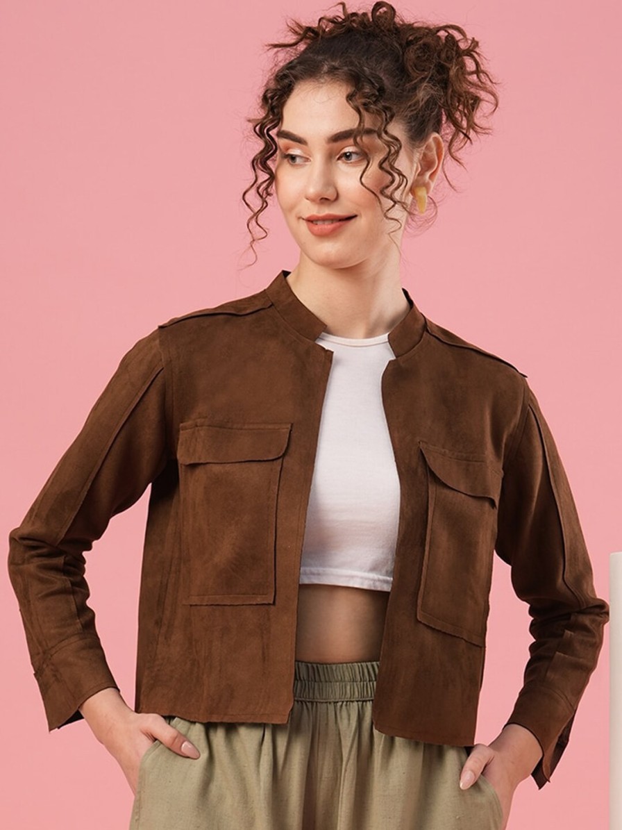 Women Globus Jackets | Buy Globus Brown Mandarin Collar Crop Tailored Jacket - Apparel For Women