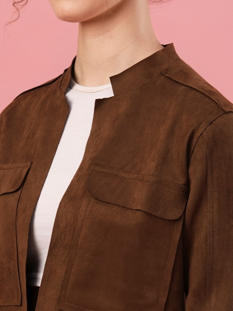 Women Globus Jackets | Buy Globus Brown Mandarin Collar Crop Tailored Jacket - Apparel For Women