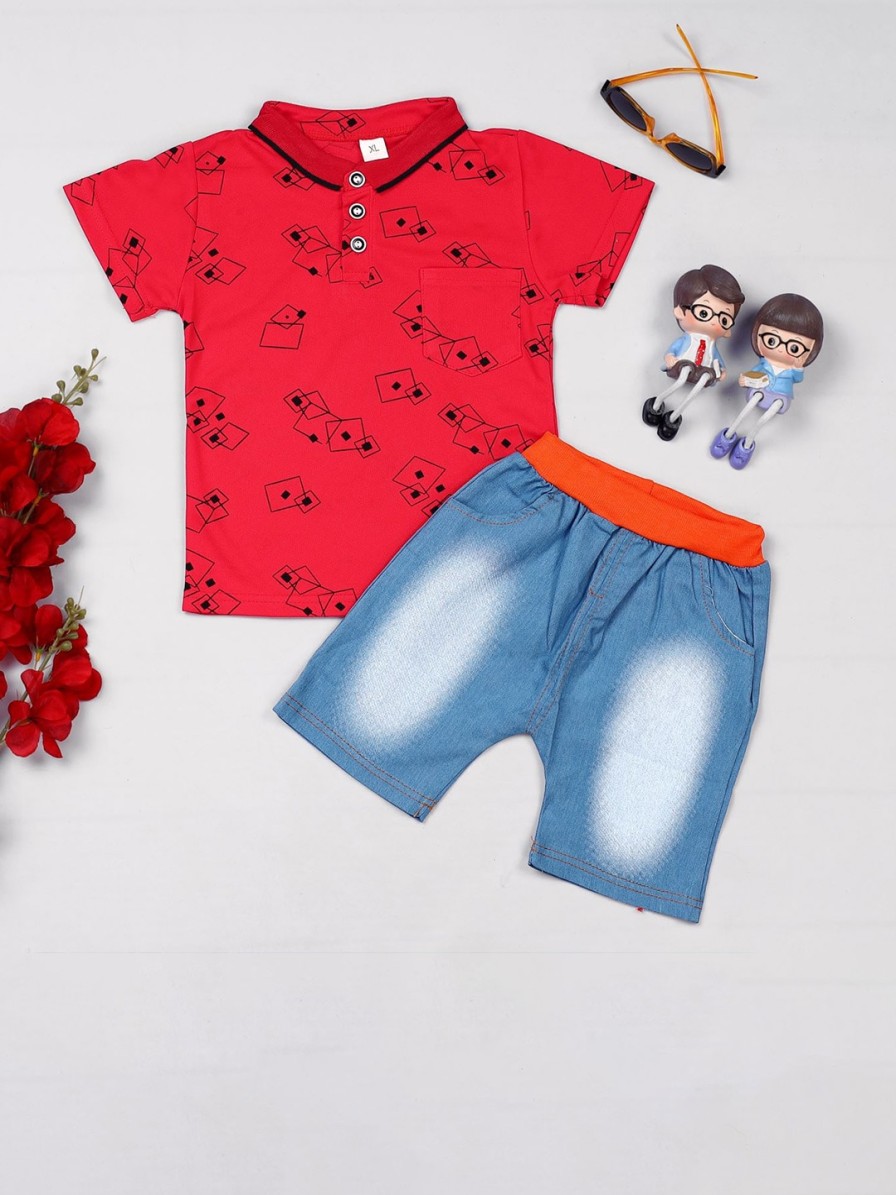 Kids HERE&NOW Clothing Sets | Buy Here&Now Boys Printed Pure Cotton T Shirt With Denim Shorts - Apparel For Boys