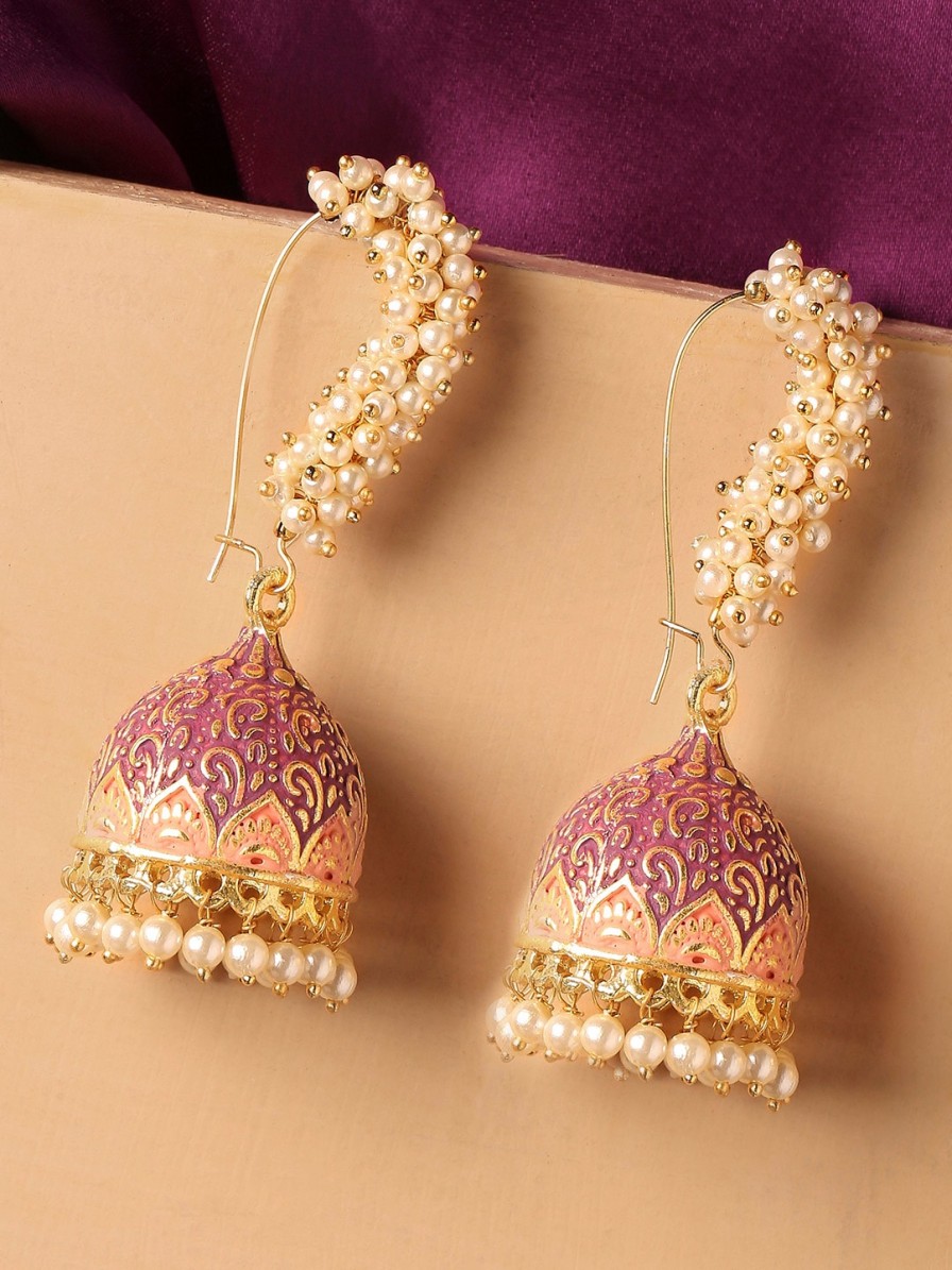 Women OOMPH Fashion Jewellery | Buy Oomph Gold Toned & Pink Meenakari Enamel Pearls Ethnic Jhumka - Accessories For Women