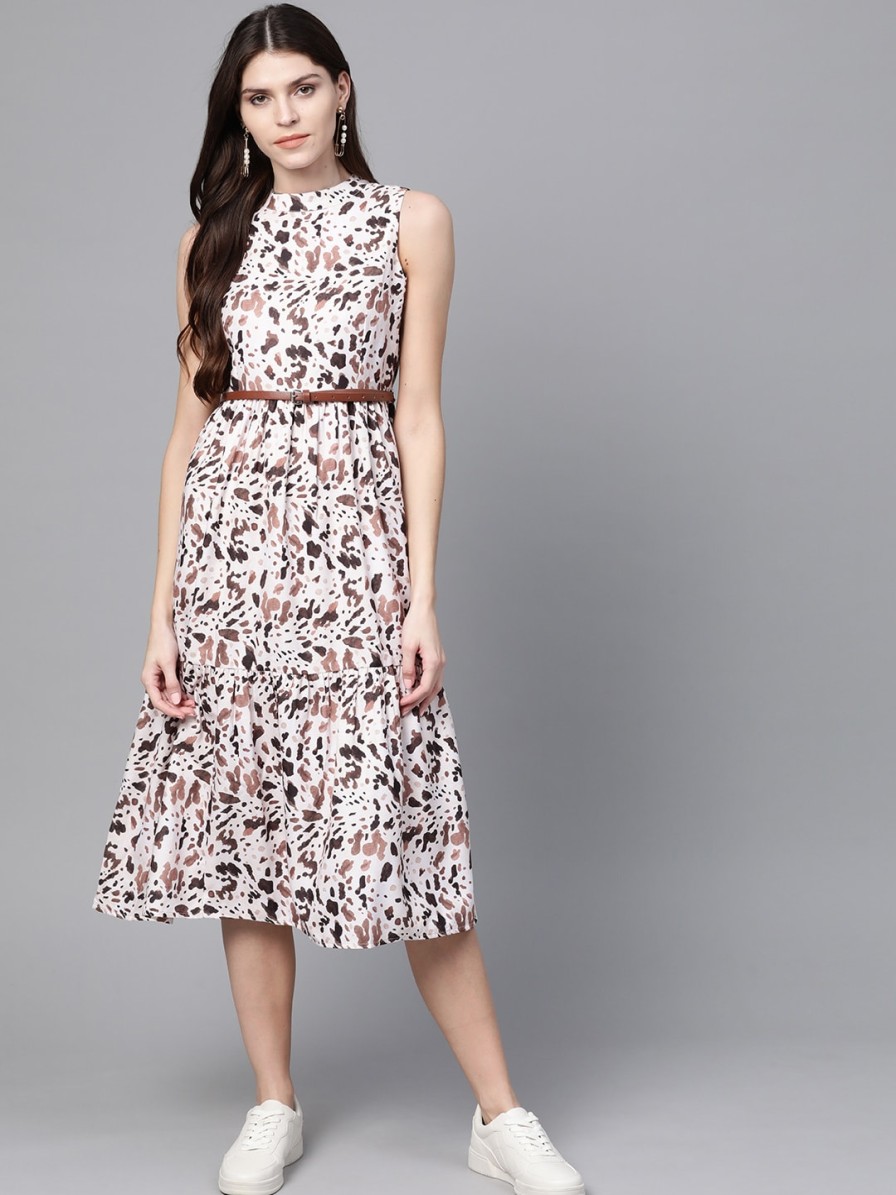 Women SASSAFRAS Dresses | Buy Sassafras Off White & Brown Leopard Printed A Line Dress With Belt - Apparel For Women