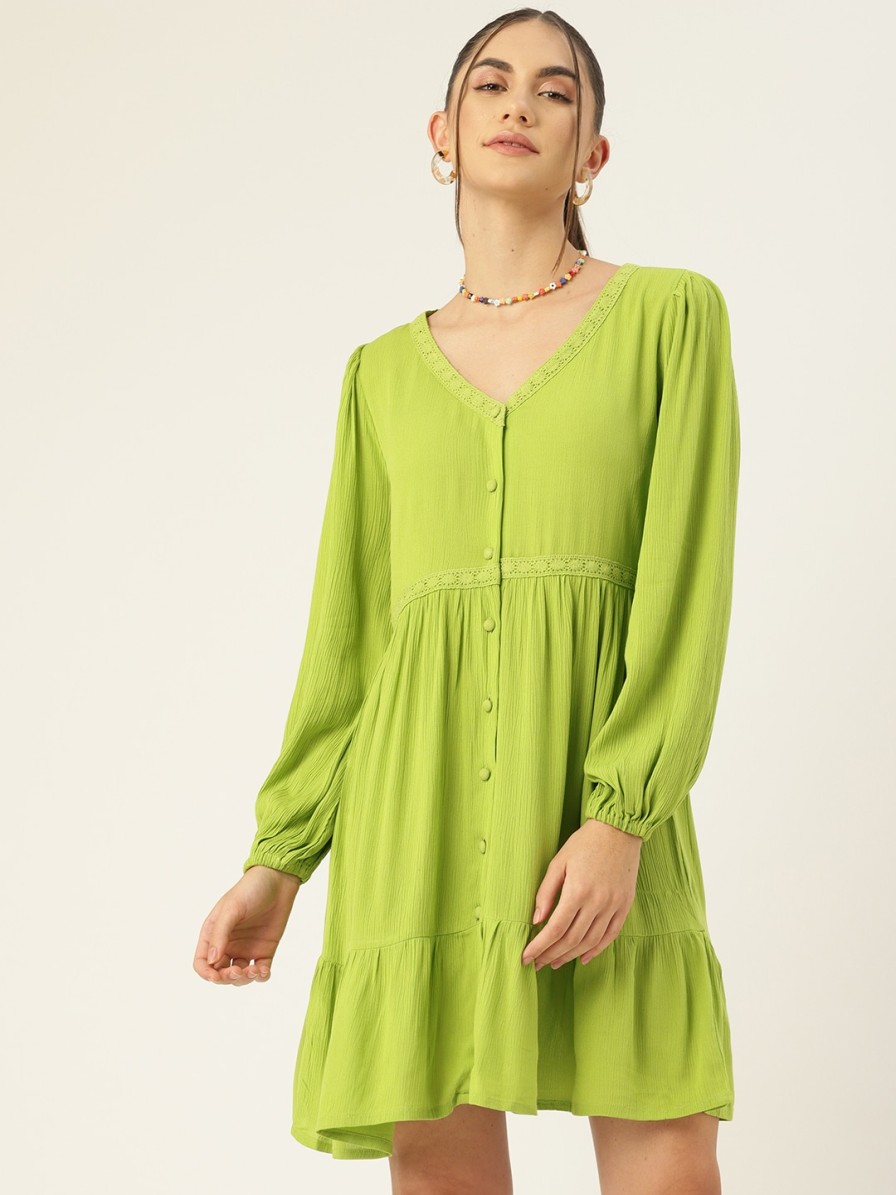 Women DressBerry Dresses | Buy Dressberry Green Puff Sleeves A Line Dress - Apparel For Women