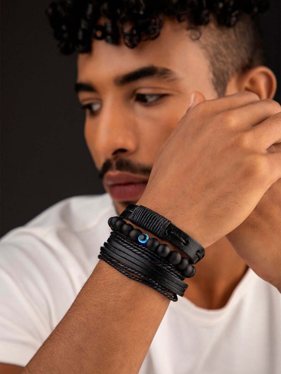 Men Roadster Rings & Wristwear | Buy The Roadster Lifestyle Co Men Set Of 3 Black Handcrafted Beaded & Alloy Bracelets - Accessories For Men