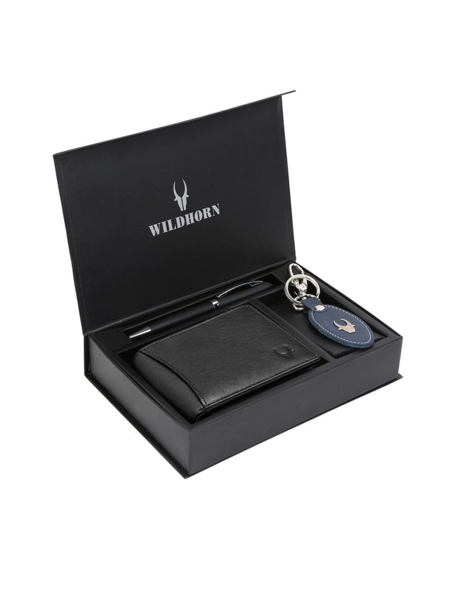 Men WildHorn Accessory Gift Sets | Buy Wildhorn Men Black & Blue Rfid Protected Genuine Leather Wallet & Pen Accessory Gift Set - Accessories For Men