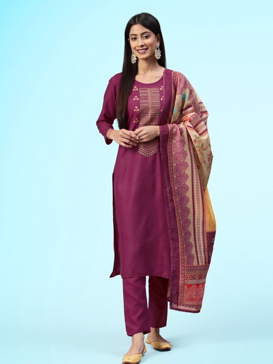 Women Sangria Dress Materials | Buy Sangria Embroidered Unstitched Kurta & Trouser With Dupatta Dress Material - Apparel For Women