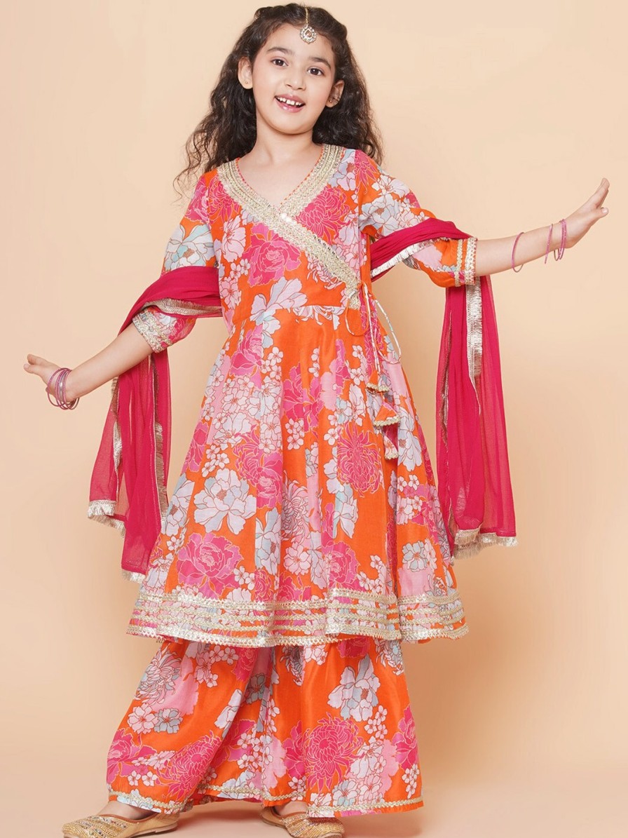 Kids Bitiya by Bhama Kurta Sets | Buy Bitiya By Bhama Girls Floral Printed Angrakha Anarkali Kurta & Sharara With Dupatta - Apparel For Girls