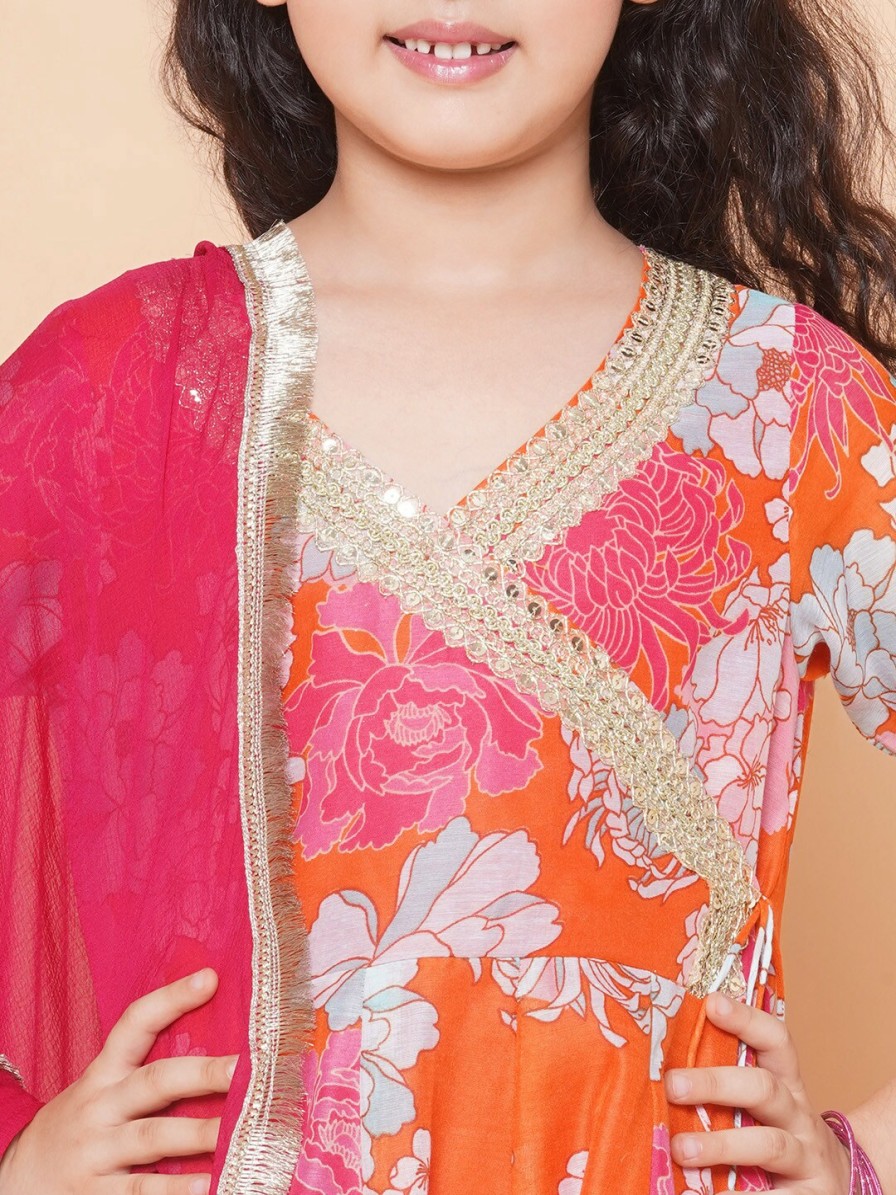 Kids Bitiya by Bhama Kurta Sets | Buy Bitiya By Bhama Girls Floral Printed Angrakha Anarkali Kurta & Sharara With Dupatta - Apparel For Girls