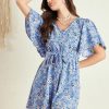 Women Berrylush Playsuits | Buy Berrylush Blue Floral Printed V Neck Flared Sleeves Playsuit With Belt - Apparel For Women