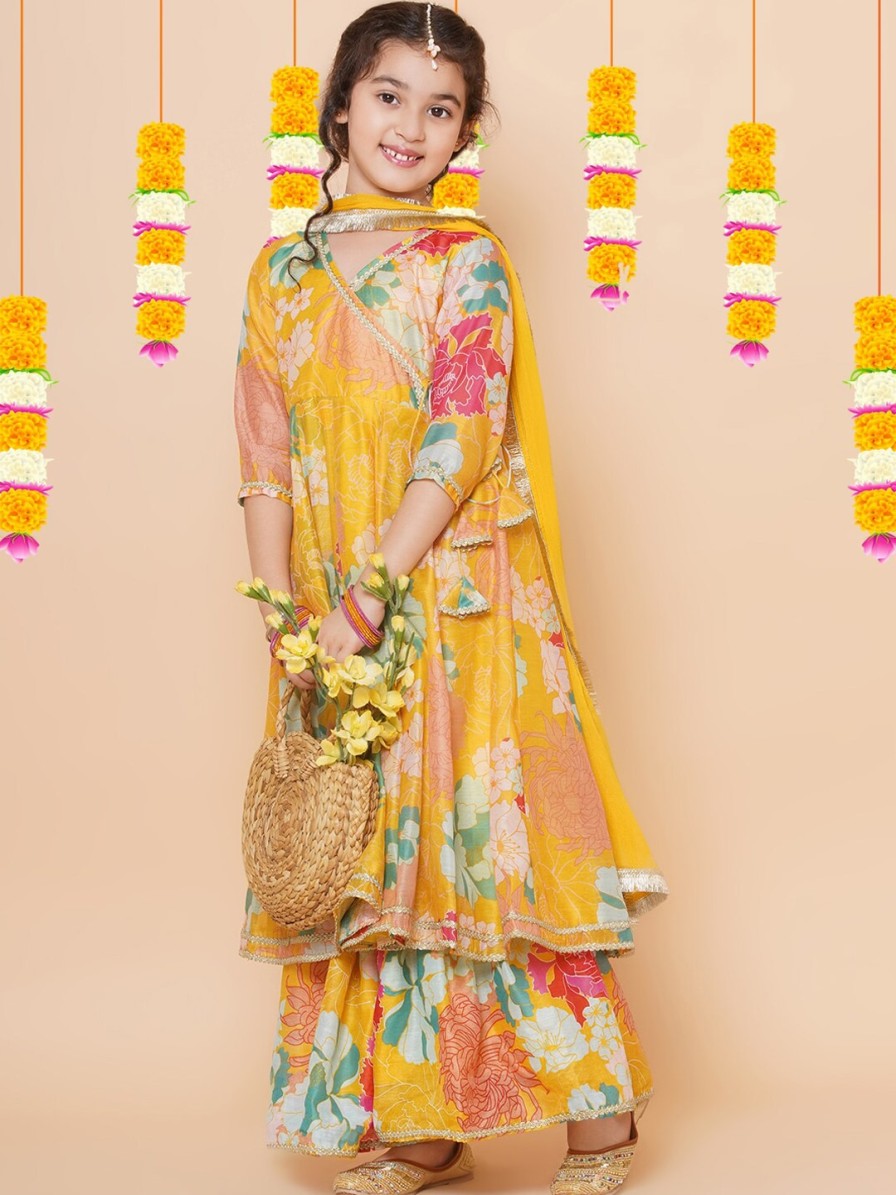 Kids Bitiya by Bhama Kurta Sets | Buy Bitiya By Bhama Girls Yellow Floral Printed Angrakha Gotta Patti Kurta With Sharara & With Dupatta - Apparel For Girls