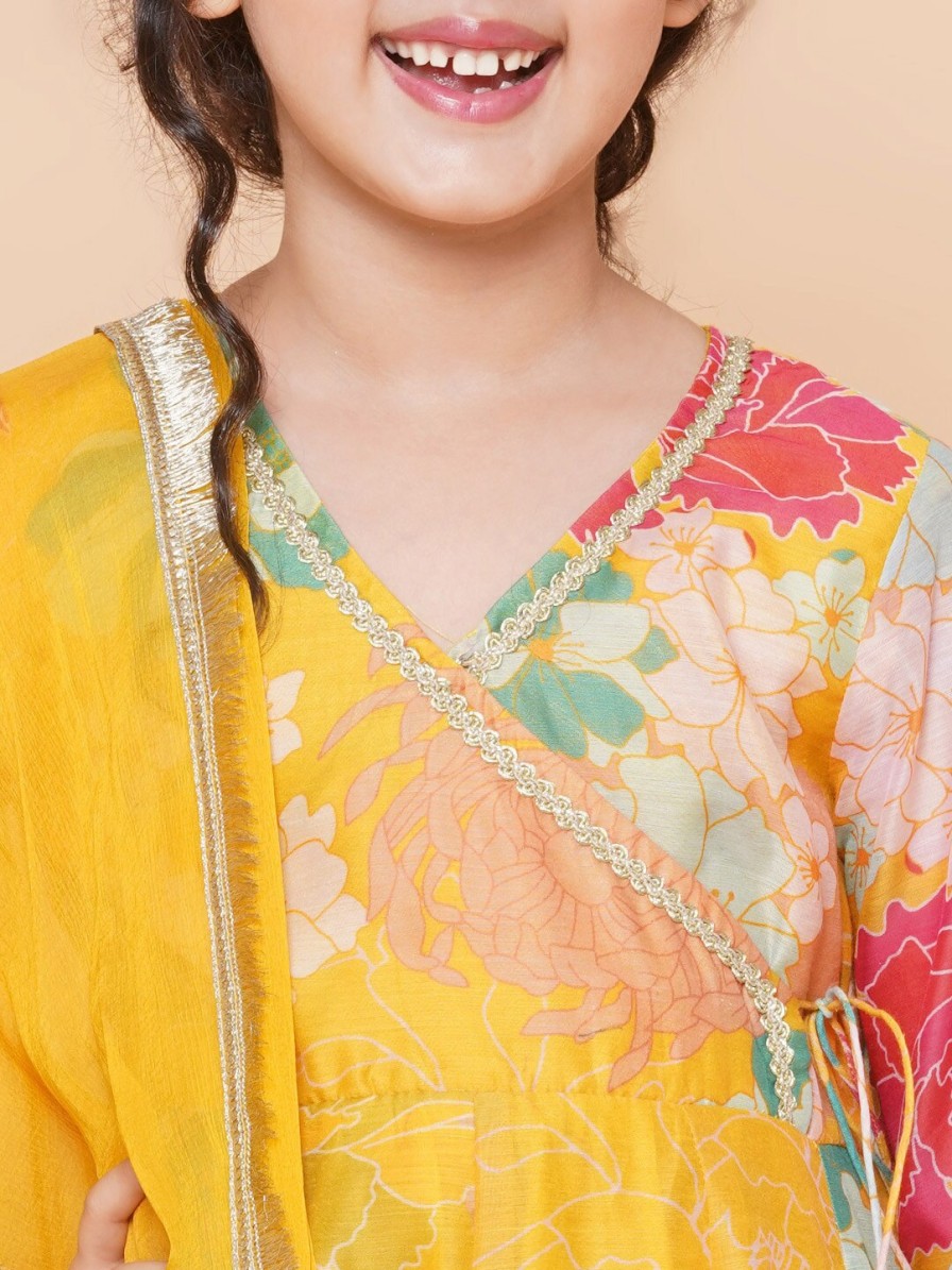 Kids Bitiya by Bhama Kurta Sets | Buy Bitiya By Bhama Girls Yellow Floral Printed Angrakha Gotta Patti Kurta With Sharara & With Dupatta - Apparel For Girls